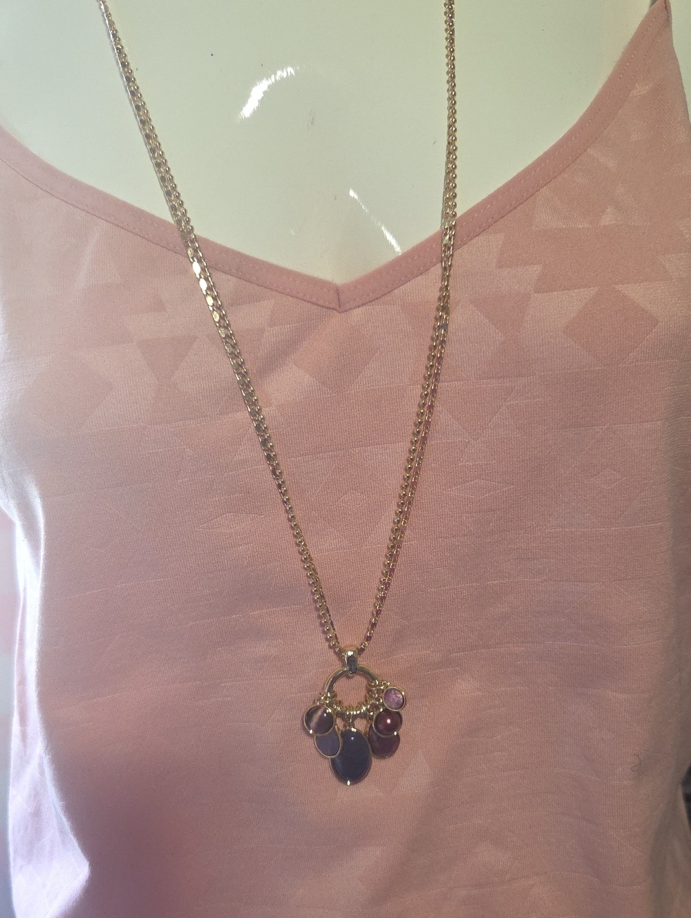 Gold-Tone Pendant Necklace with Pink and Purple Stones